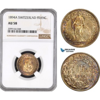 AE581, Switzerland, 1 Franc 1894-A, Paris, Silver, NGC AU58