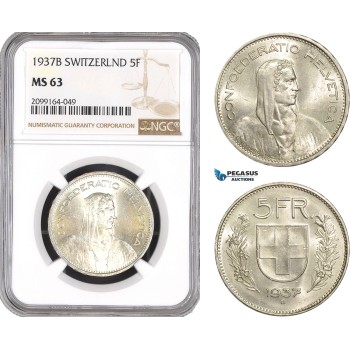 AE583, Switzerland, 5 Francs 1937-B, Bern, Silver, NGC MS63