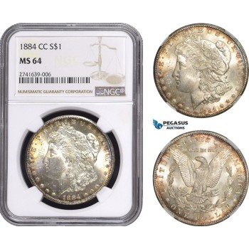 AE585, United States, Morgan Dollar 1884-CC, Carson City, Silver, NGC MS64, Toned!