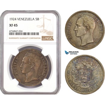 AE586, Venezuela, 5 Bolivares 1924, Silver, NGC XF45
