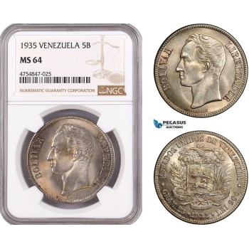AE587, Venezuela, 5 Bolivares 1935, Silver, NGC MS64