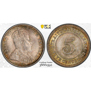 AE601, Straits Settlements, Edward VII, 5 Cent 1903, Silver, PCGS MS65