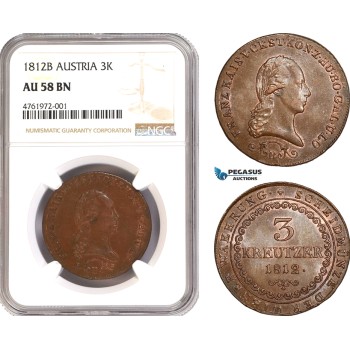 AE607-R, Austria, Franz II, 3 Kreuzer 1812-B, Kremnitz, NGC AU58BN