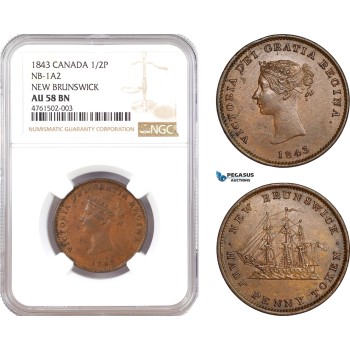 AE616, Canada, New Brunswick, Victoria, 1/2 Penny Token 1843, NB-1A2, NGC AU58BN, Pop 1/0
