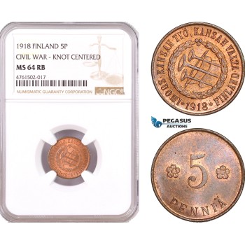 AE638, Finland, Civil War, 5 Penniä 1918 Knot Centered NGC MS64RB