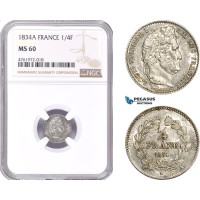 AE640-R, France, Louis Philippe I, 1/4 Franc 1834-A, Paris, Silver, NGC MS60