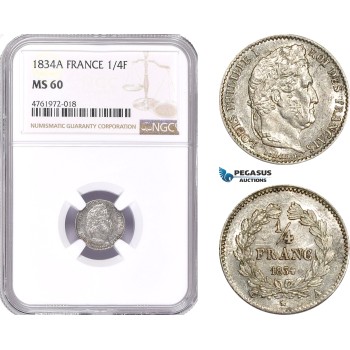 AE640-R, France, Louis Philippe I, 1/4 Franc 1834-A, Paris, Silver, NGC MS60
