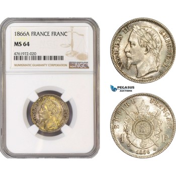 AE642-R, France, Napoleon III, 1 Franc 1866-A, Paris, Silver, NGC MS64