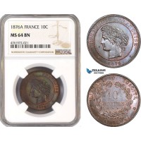 AE645-R, France, Third Republic, 10 Centimes 1876-A, Paris, NGC MS64BN, Pop 1/0