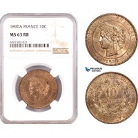 AE646, France, Third Republic, 10 Centimes 1890-A, Paris, NGC MS63RB