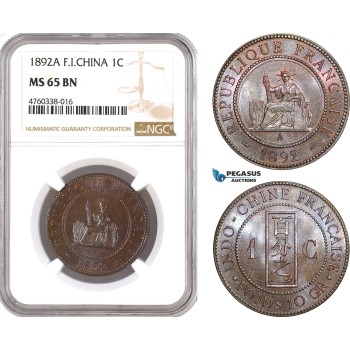 AE647, French Indo-China, 1 Centime 1892-A, Paris, NGC MS65BN, Top Pop!