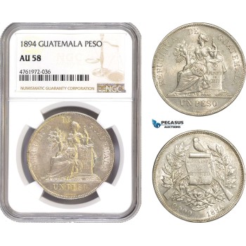 AE656-R, Guatemala, 1 Peso 1894, Silver, NGC AU58