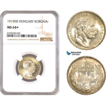 AE657, Hungary, Franz Joseph, 1 Korona 1915-KB, Kremnitz, Silver, NGC MS64+