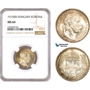 AE658, Hungary, Franz Joseph, 1 Korona 1915-KB, Kremnitz, Silver, NGC MS64