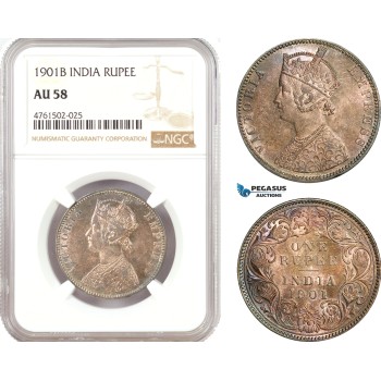 AE659, India (British) Victoria, 1 Rupee 1901-B, Bombay, Silver, NGC AU58