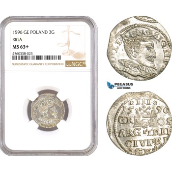 AE663, Latvia, Sigismund III. of Poland, 3 Groschen (Trojak) 1596, Riga, Silver, NGC MS63+