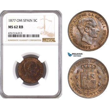 AE691, Spain, Alfonso XII, 5 Centimos 1877-OM, Barcelona, NGC MS62RB