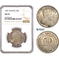 AE693, Straits Settlements, Edward VII, 50 Cents 1907, Bombay, Silver, NGC AU55