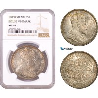 AE694, Straits Settlements, Edward VII, Dollar 1903-B, Bombay, Silver, Incuse mm, NGC MS62
