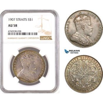 AE695, Straits Settlements, Edward VII, Dollar 1907, Bombay, Silver, NGC AU58
