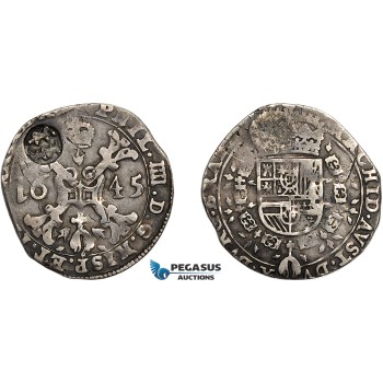 AE703, Spanish Netherlands, Brabant, Philip IV, 1/4 Patagon 1645, Silver (6.76g) Unknown countermark, VF