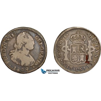 AE710, Chile, Ferdinand VII, 2 Reales 1809 So FJ, Santiago, Silver, Toned, Red deposit, Fine, Rare!