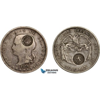 AE719, Costa Rica, 50 Centavos ND (1889) (Type VII countermark) on Colombia 5 Decimos Medellin 1879/4 Overdate, VF, Rare!