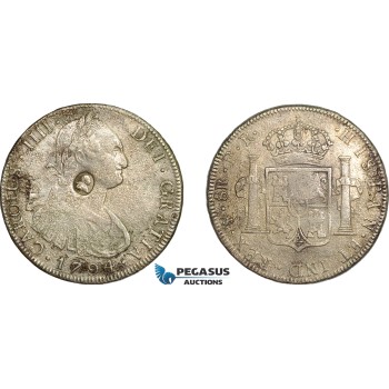 AE730, Great Britain, George III Emergency Dollar 1797-99, Oval C/S on 8 Reales 1794 PTS, Saltwater Damage, F-VF AE730, Great Britain, George III Emergency Dollar 1797-99, Oval C/S on 8 Reales 1794 PTS, Saltwater Damage, F-VF
