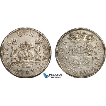 AE741, Mexico, Charles III, Pillar 2 Reales 1763 MoM, Mexico City, Silver,  XF