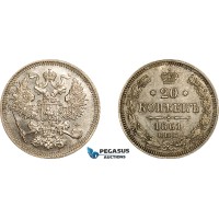 AE761, Russia, Alexander II, 20 Kopeks 1861 СПБ, St. Petersburg, Silver, UNC