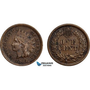 AE773, United States, Indian Head Cent 1864, Philadelphia,  L on ribbon, aXF
