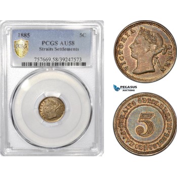 AE778, Straits Settlements, Victoria, 5 Cents 1885, Silver, PCGS AU58