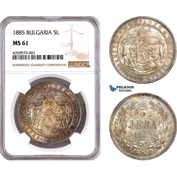 AE781, Bulgaria, Alexander I, 5 Leva 1885, St. Petersburg, Silver, NGC MS61