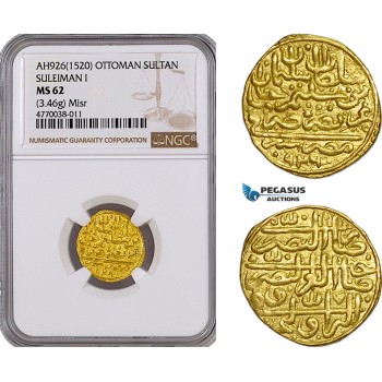 AE784, Ottoman Empire, Egypt, Suleyman, Sultani AH926 (1520) Misr, Gold (3.46g) NGC MS62, Pop 1/0