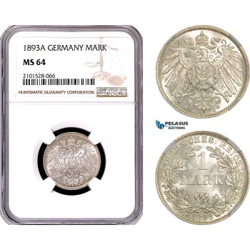 AE785, Germany, Wilhelm II, 1 Mark 1893-A, Berlin, Silver, NGC MS64