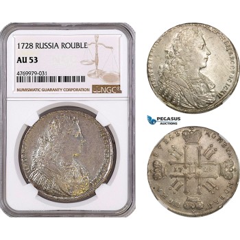 AE793, Russia, Peter II, Rouble 1728, Moscow, Silver, NGC AU53