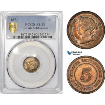 AE795, Straits Settlements, Victoria, 5 Cents 1871, Silver, PCGS AU58