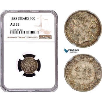 AE797, Straits Settlements, Victoria, 10 Cents 1888, Silver, NGC AU55