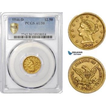 AE800, United States, Liberty Head $2.5 (Dollars) 1846-D, Dahlonega, Gold, PCGS AU50