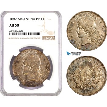 AE807, Argentina, Peso 1882, Silver, NGC AU58, Nicely toned!