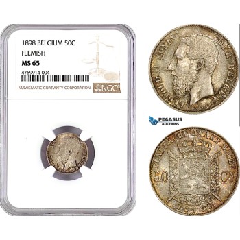 AE810, Belgium, Leopold II, 50 Centimes /Cents 1898, Brussels, Silver Flemish Leg NGC MS65, Pop 2/1