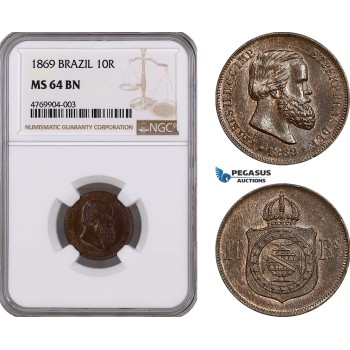 AE812, Brazil, Pedro II, 10 Reis 1869, NGC MS64BN