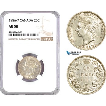 AE815, Canada, Victoria, 25 Cents 1886/7, Royal Mint, Silver, NGC AU58, Pop 1/0, Rare!