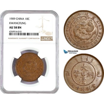 AE823, China, Kwangtung, 10 Cash 1909, Y-20r, NGC AU58BN