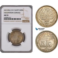 AE832, Egypt, Occupation Coinage, 5 Piastres AH1335 / 1917, Silver, NGC AU55