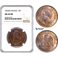 AE840, France, Napoleon III, 10 Centimes 1854-W, Lille, NGC MS64RB, Pop 1/0