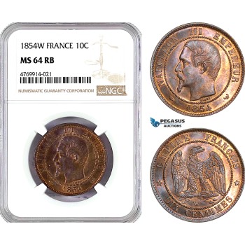 AE840, France, Napoleon III, 10 Centimes 1854-W, Lille, NGC MS64RB, Pop 1/0