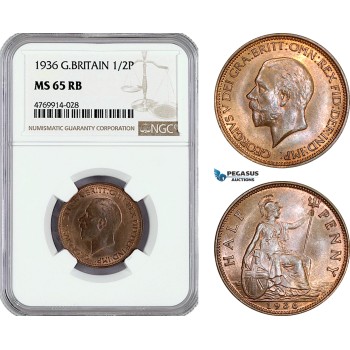AE849, Great Britain, George V, Half Panny (1/2P) 1936, London, NGC MS65RB