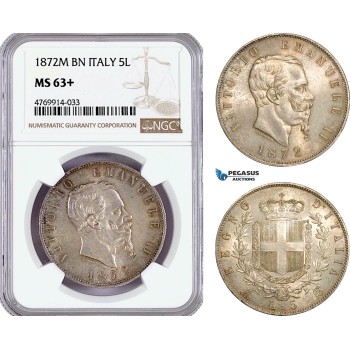 AE856, Italy, Vit. Emanuele II, 5 Lire 1872-M, Milan, Silver, NGC MS63+, Pop 1/2