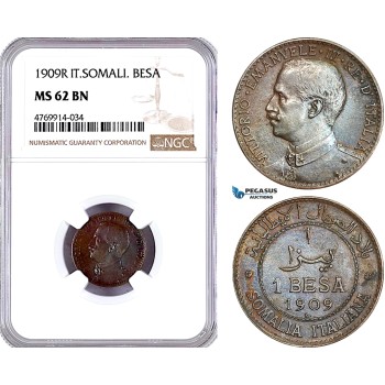 AE857, Italian Somaliland, Vit. Emanuele III, Besa 1909-R, Rome, NGC MS62BN, Pop 1/2